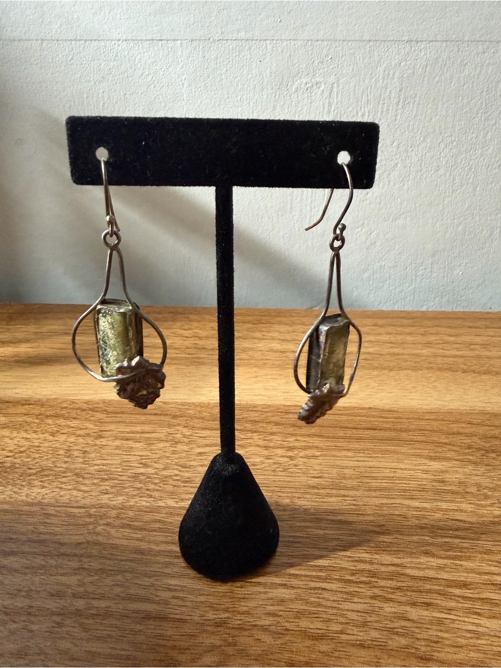 Sterling Silver - vintage - Handcrafted Green Pyrite w/ grapes Drop Earrings